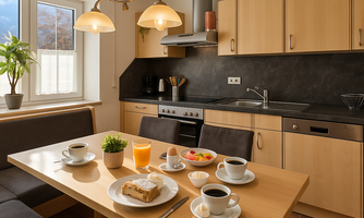 A cozy kitchen with a table set for breakfast. Coffee, juice, eggs, and fresh bread are arranged on the table.