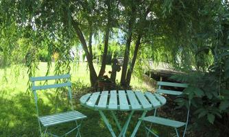A cozy garden with a round table and two chairs in a soft green. Above the table hangs a tree with dense, drooping branches.