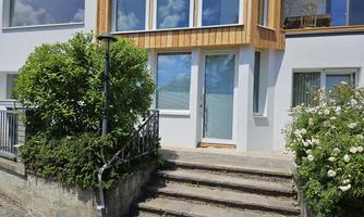 A modern house entrance with stairs and plants. The facade is bright and the windows reflect the sky.
