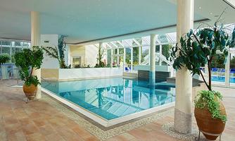 An elegant indoor pool with large windows and plants. The tranquil space invites relaxation.