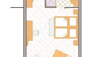 A schematic floor plan of an apartment. The layout shows a living area, a kitchen, and a bathroom.