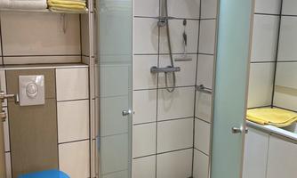 A modern bathroom with a shower, a sink, and a toilet. Towels are neatly stacked, and the design is bright and clean.