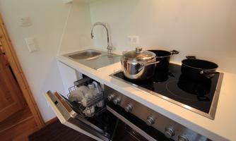 A modern kitchen with a sink, stove, and pots. Clean plates can be seen in the open dishwasher.