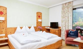 A cozy hotel room with a double bed and wooden paneling. There is a television and an armchair, as well as large windows with a view outside.