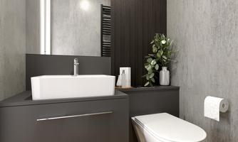 A modern bathroom with an elegant sink and a toilet. The walls are in a stylish gray, and there are decorative plants.