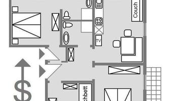 A simple floor plan sketch of an apartment. The rooms include a bedroom, bathroom, kitchen, and a living area.