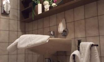 A modern bathroom with a sink and towels. On the shelf, there are plants and a mirror.