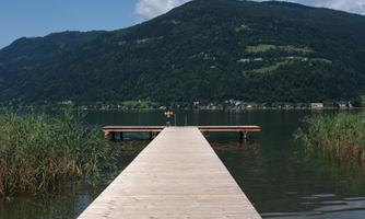 A wooden walkway leads over a tranquil lake, surrounded by green shore plants. In the background, gentle mountains rise beneath a clear sky.