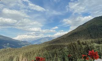 A view of green mountains and a blue sky with clouds. Red flowers are visible in the foreground.