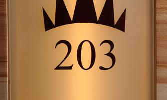 A stylish sign with the number 203 and a minimalist crown motif. The design exudes elegance and modernity.