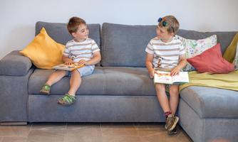 Two boys are sitting on a gray sofa and looking at books. They are wearing striped T-shirts and are in a cozy room.