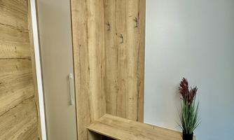 A modern hallway with a wooden cabinet and an open shelf. A small pot with a plant sits on the shelf.