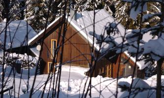 A cozy wooden house in the snow, surrounded by wintry trees. The sky is clear and the sun is shining on the snow-covered landscape.