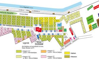 An overview map of an area with various color-coded sections. The legend explains the different categories and facilities.