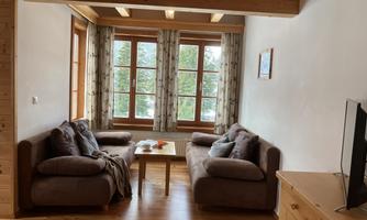 A cozy living room with two sofas and a table. Large windows let in plenty of daylight and offer a view of nature.