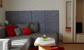A modern living room with a gray sofa and red cushions. A table with a small plant is in the middle of the room.