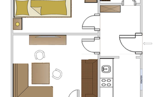 A floor plan sketch of a holiday home with two bedrooms, a living room, a kitchen, and a bathroom. The terrace is also included.