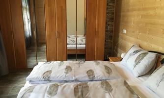A cozy bedroom with a double bed and a wood-paneled wall. The room has a large wardrobe with mirrors and a tranquil atmosphere.