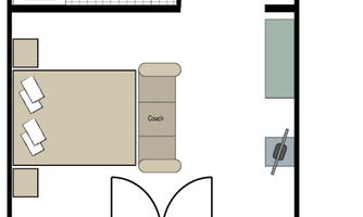 A simple floor plan drawing of an apartment. The room contains a couch, a table, and leads to a balcony.
