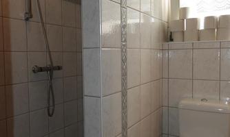 A modern bathroom with a shower and a toilet. The walls are tiled with bright tiles and there are large windows for daylight.