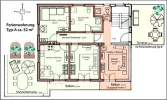A floor plan of a holiday apartment type A with an area of approximately 52 m². The apartment includes a living room, bedroom, kitchen, bathroom, and balconies.