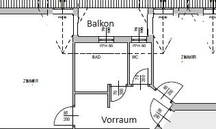 This is a floor plan of an apartment with two rooms, a bathroom, and a balcony. The hallway connects the different rooms.