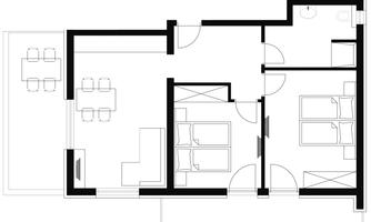 A simple floor plan of an apartment with two bedrooms, a living room, and a dining area. The walls are outlined in black, and the rooms are clearly arranged.
