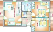 A floor plan sketch of a house with two bedrooms, one bathroom, and a living room. The rooms are clearly arranged and easily accessible.
