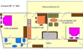 A floor plan of an apartment with various rooms. Visible are a bedroom, a bathroom, and a living area with a kitchen.