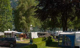 A beautiful campsite with caravans and green trees. In the background, a lake can be seen.