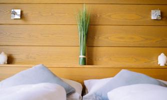 A modern bedroom with a wooden panel and two cushions. On it sits a decorative plant and two small figurines.