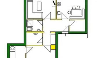 A simple apartment floor plan representation with a balcony. The plan shows various rooms such as living room, kitchen, and bedroom.