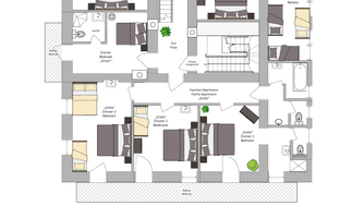 A floor plan for the second floor of the Lindenhof hotel. The drawing shows the different rooms, bathrooms, and living areas.