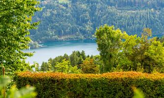 A tranquil garden landscape with two loungers overlooking a picturesque lake and the surrounding mountains. The atmosphere is relaxing and peaceful.