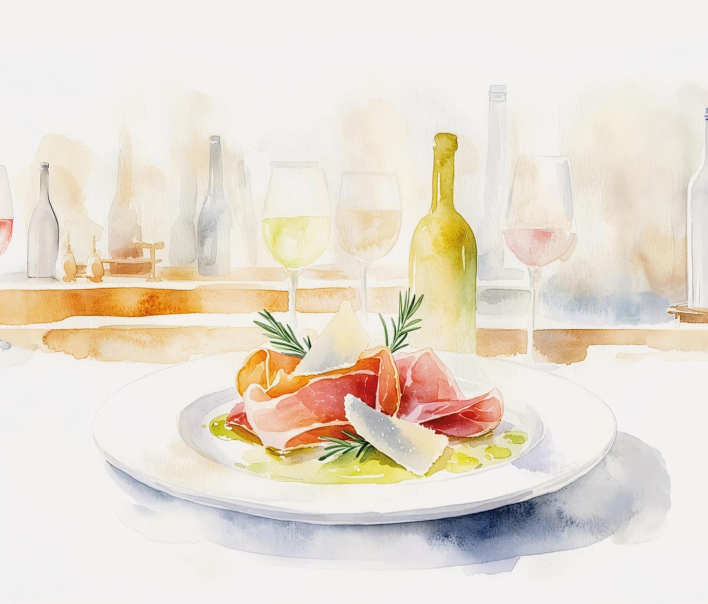 Schinken mit Parmesan und Rosmarin auf Teller, Wein und Flaschen im Hintergrund