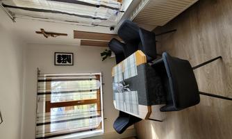 A bright dining room with a large table and black chairs. The window lets in a lot of daylight and shows a green view.