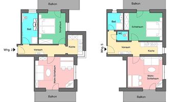 Two floor plans of apartments are depicted. The left floor plan shows an apartment with two bedrooms, while the right floor plan has a living-sleeping area.