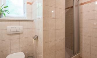 A modern bathroom with tiled walls and a shower. It includes a toilet and a small trash can.