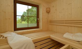 A bright wooden sauna with benches and a window overlooking green trees. Two white towels are on the benches.