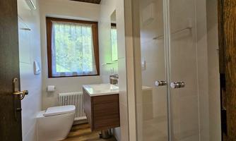 A modern bathroom with a shower and a wooden sink. Large windows provide plenty of natural daylight.