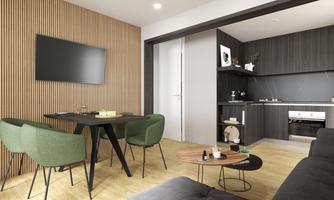 A modern apartment with a cozy seating area and a dining area. The stylish design includes a kitchenette and a wooden accent wall.