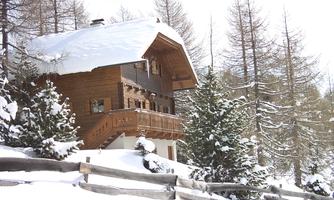 A cozy mountain cabin, surrounded by snow-covered trees. The winter makes the landscape look picturesque.