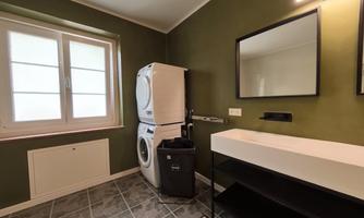 A modern laundry room with green walls and large windows. The equipment includes a washing machine, a dryer, and a simple sink.