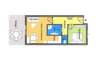 The image shows a floor plan of an apartment with different rooms. There is a bedroom, a bathroom, a kitchen, and a living area.