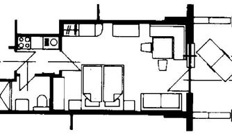 A simple floor plan drawing of an apartment. The rooms are schematically drawn, including kitchen, living area, and bedroom.