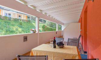 A cozy balcony with a table, a bottle of wine, and a bowl of grapes. In the background, there is a green meadow and an orange wall.