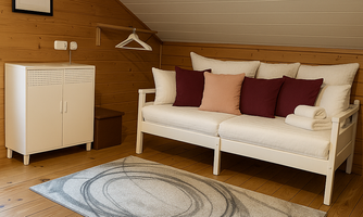 A cozy room with a white sofa and colorful cushions. The floor is wooden and there is a carpet with a modern pattern.