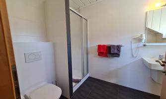 A modern bathroom with a shower, a toilet, and a sink. Towels in various colors hang on the wall.
