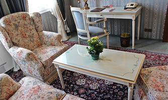 An elegant living room with floral upholstered furniture and a decorative table. On the table, there is a small plant, and in the background, a desk and a phone can be seen.