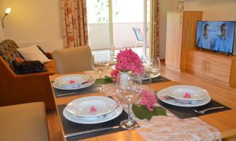 A cozy living room with a dining area. The table is festively decorated and the living room has a television and access to a balcony.